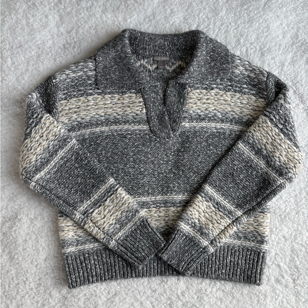 Falls Creek Striped Collared Knit Sweater Gray Cream Chunky Size S